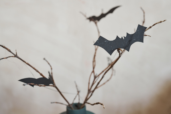 Paper Bats Are Attached to Bouquet of Dry Twigs